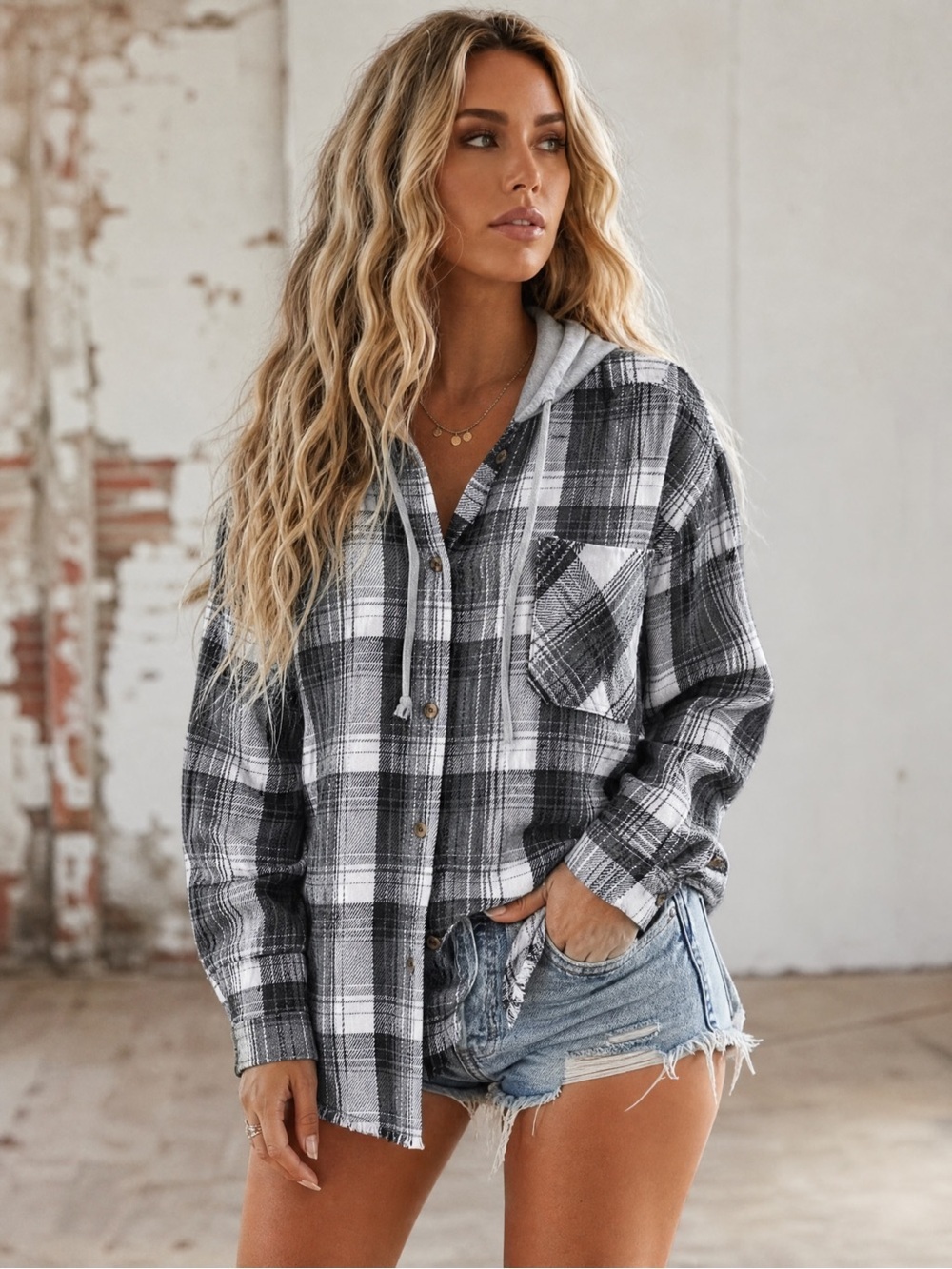 NWT Very J Distressed Button Down 90’s Grunge Flannel Hoodie Plaid Hooded Jacket - Picture 5 of 8